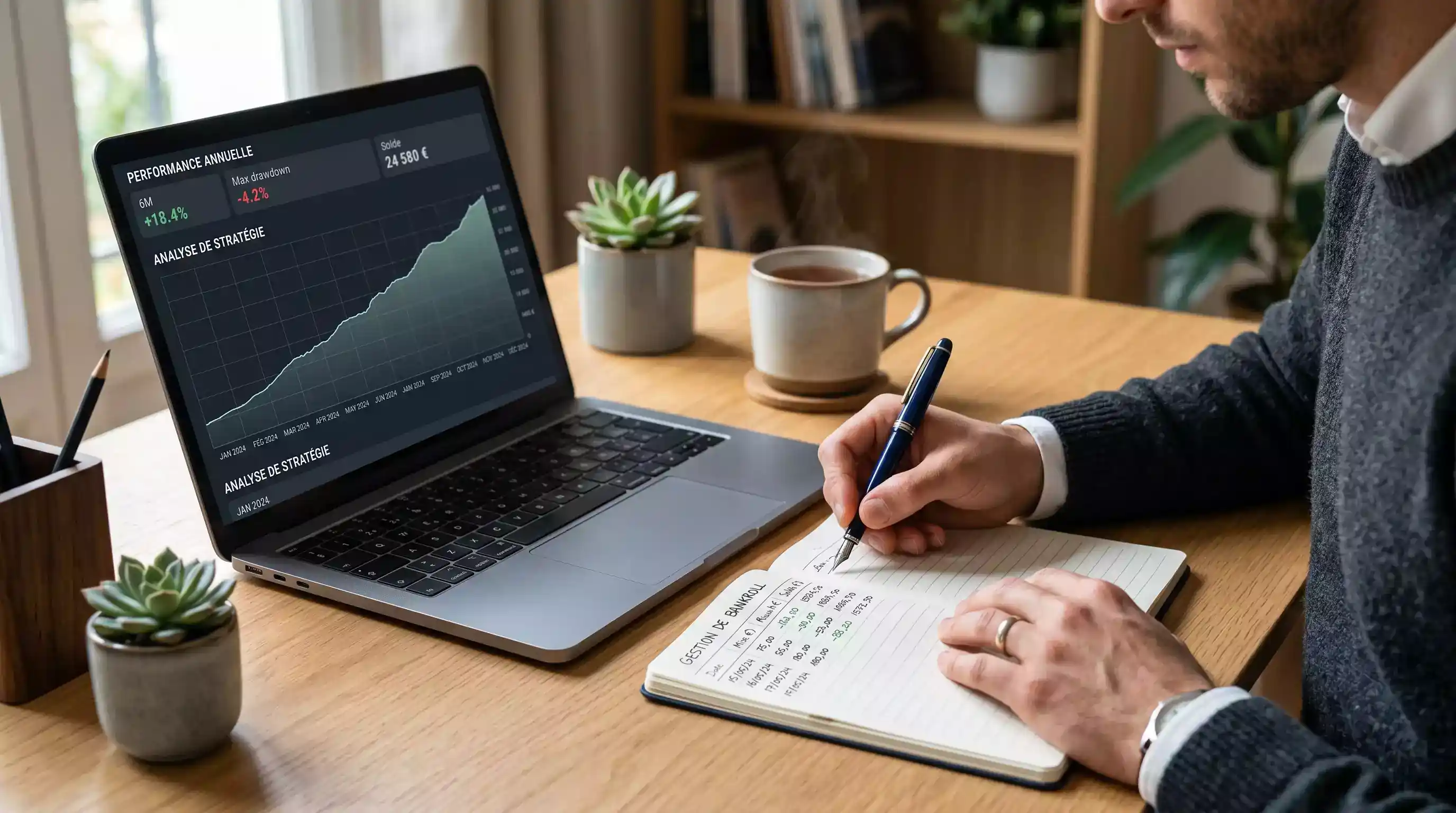 Parieur prenant des notes manuscrites dans un carnet, planifiant ses mises avec discipline