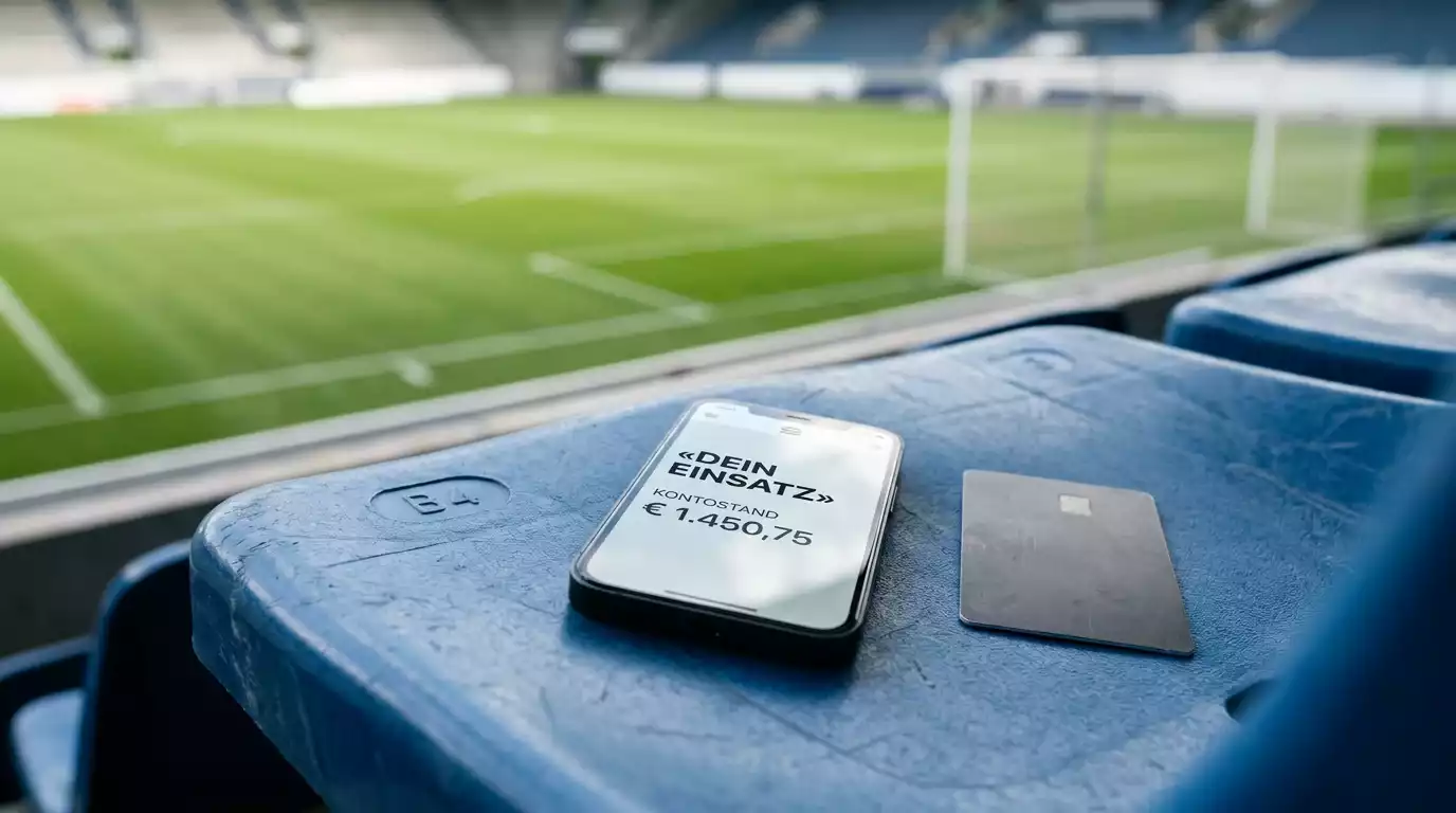 Carte bancaire générique et smartphone posés sur un siège de stade de football, pelouse floutée en arrière-plan
